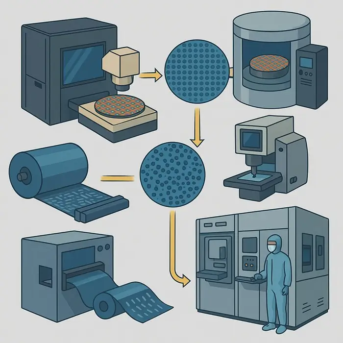 Industrial nanomanufacturing schematic showing lithography, CVD, ALD, roll-to-roll, metrology, and cleanroom workflow.